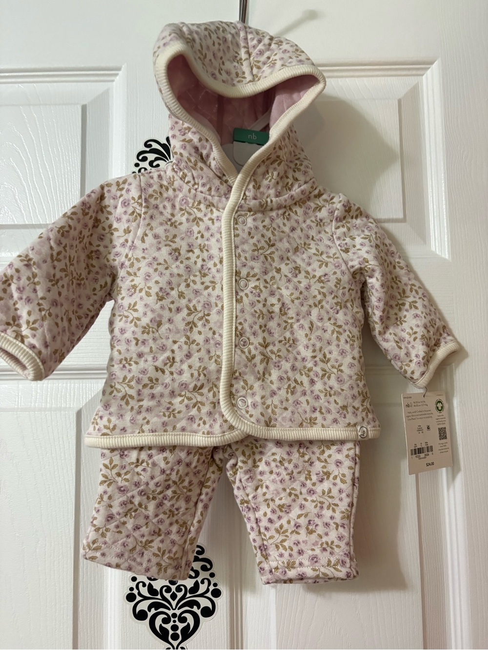 nb Floral Quilted Baby Hoodie & Pant Set in purple and green floral